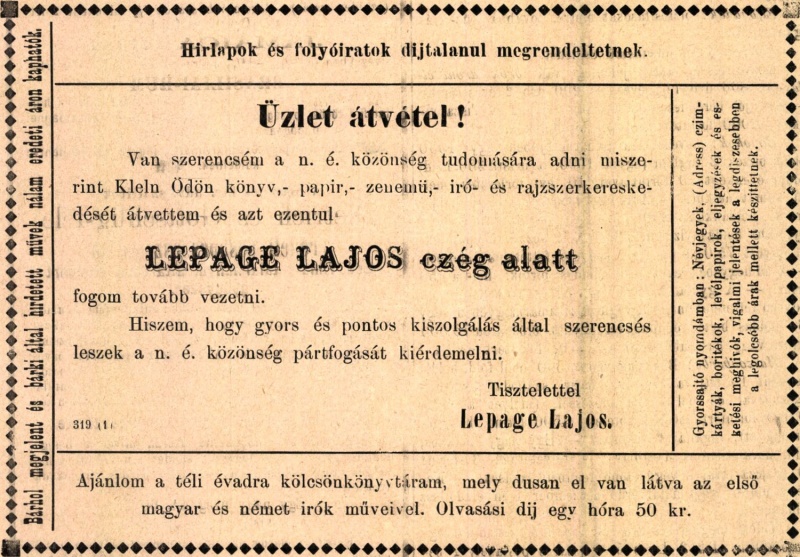 Fájl:Lepage Lajos kereskedes hirdetes.jpg